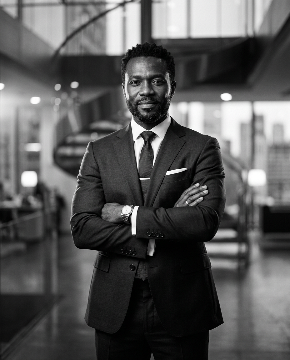 Lead Architect portrait, black and white, discipline and authority