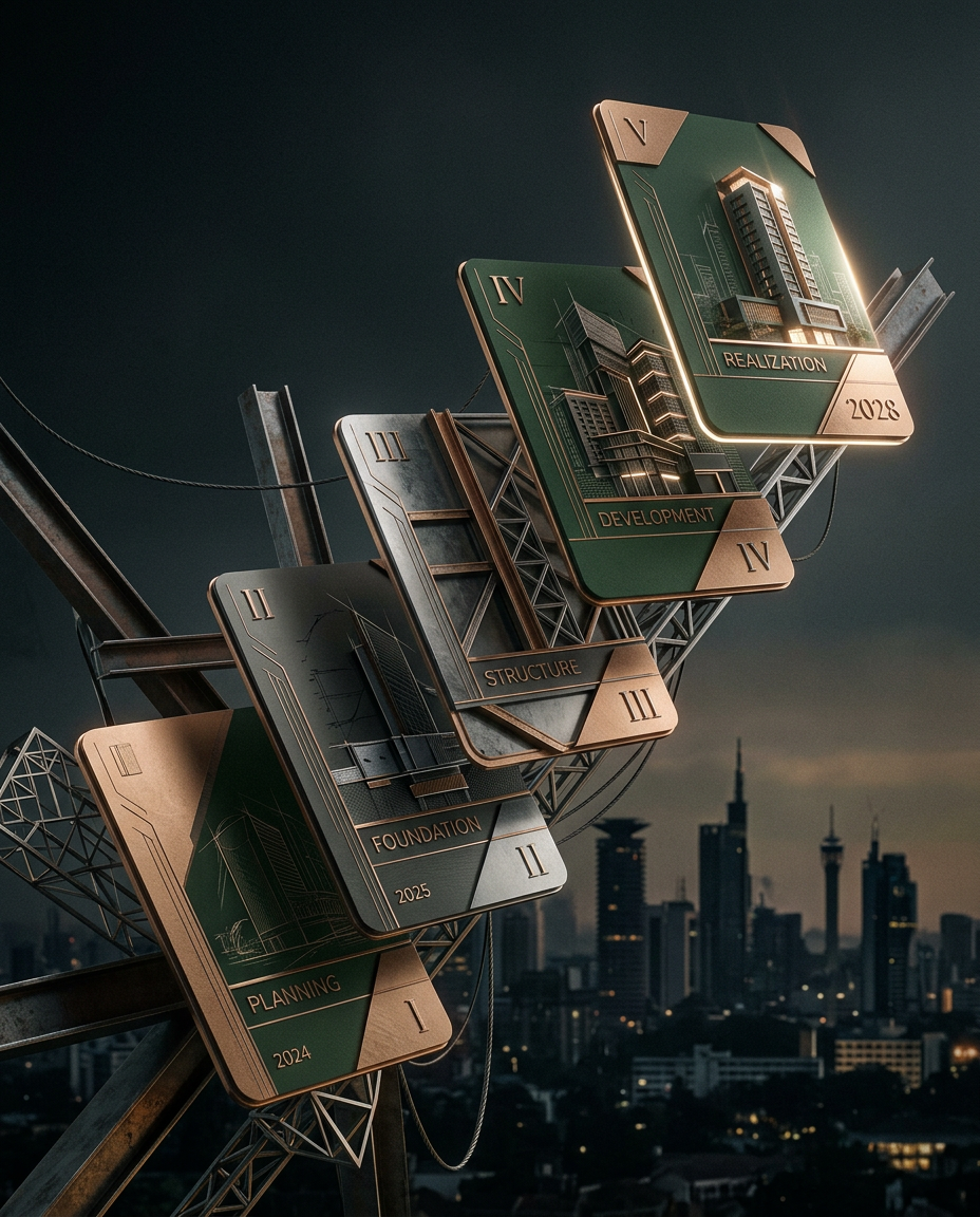 Overlapping progress stage cards representing Foundation, Build, Flight, and Scale